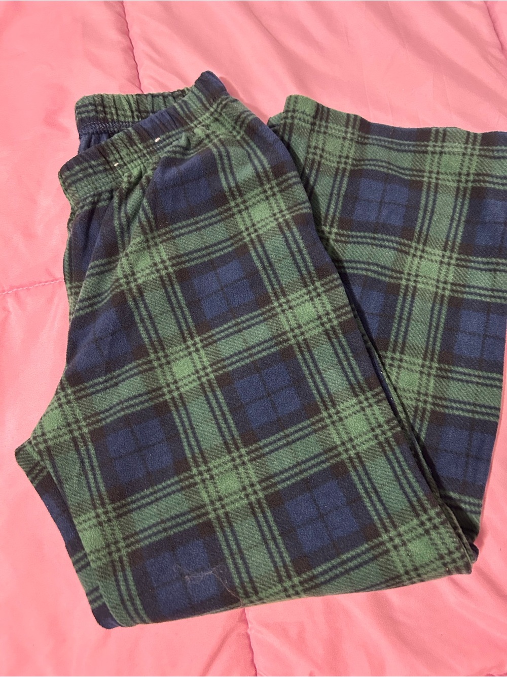 NWOT Kids Green & Navy Plaid Fleece Bottoms 10/12 Large